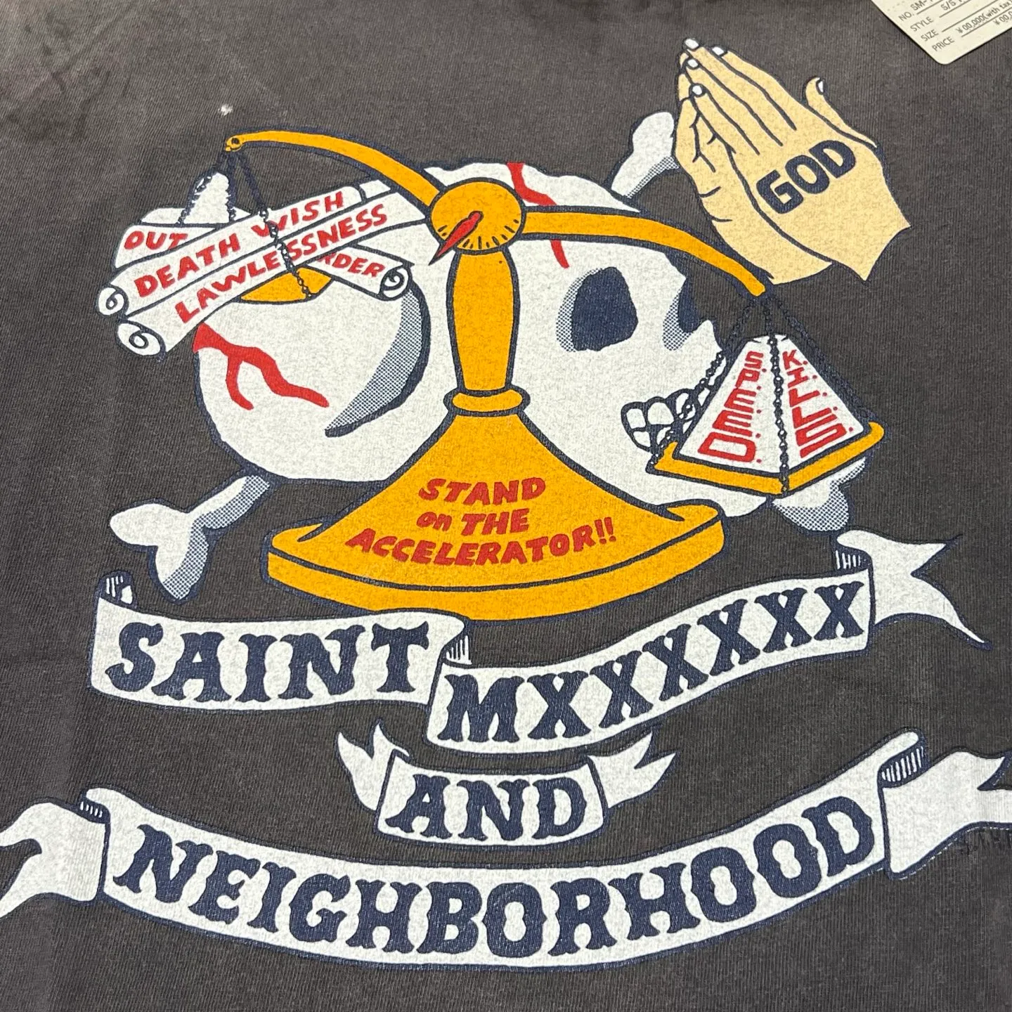 SAINT Mxxxxxx × NEIGHBORHOOD STHD . SS TEE PRAY/BLK NBHD Shinsuke Takizawa co-branded model Praying scale tee Washed black S-XL SAINT HOOD theme co-branded capsule series Garment dyeing Rewashing water fading Destroying graffiti Simulating natural distressed effect Top printing technology Washing treatment Correct version Customized joint main mark/wash mark/cherub mark